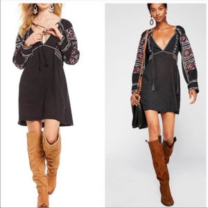 Free People BOHO All My Life black Embroidered tunicdress long sleeves. XS 2